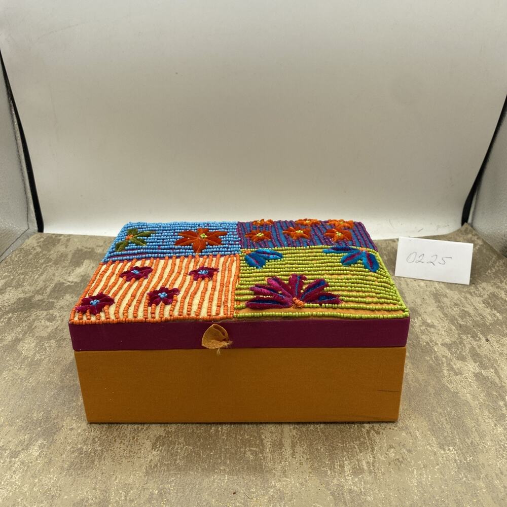 Colorful Beaded Vanity /Jewelry Box With Mirror, Multicolored 8”X 6”X 3.5” Tall